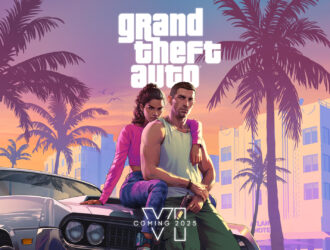 Vice City'nin neon ışıklı silueti ve ön planda GTA VI logosu.