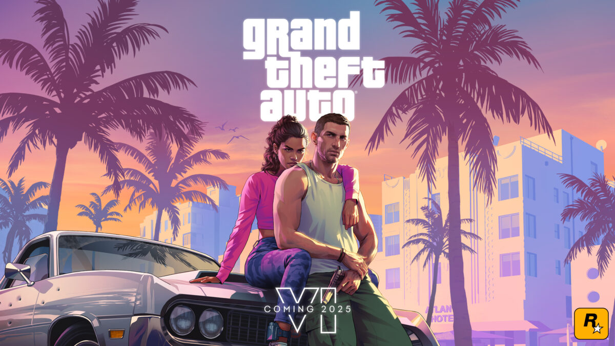 Vice City'nin neon ışıklı silueti ve ön planda GTA VI logosu.