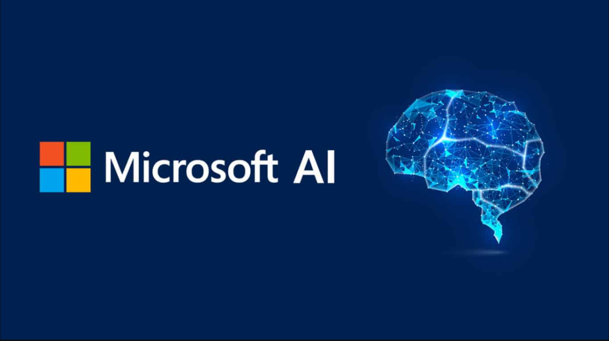 Microsoft logosunun yanında yapay zeka sembolleri ve beyin dalgaları içeren bir görsel.