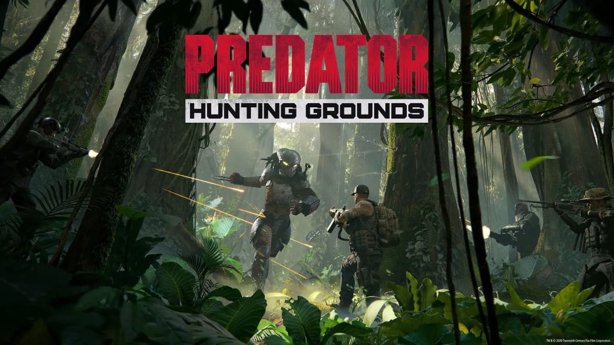 Predator Hunting Grounds oyunundan bir sahne: Predator, ormanda gizlenmiş bir grup avcıyı avlıyor.