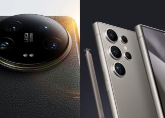 Xiaomi 14 Ultra ve Samsung Galaxy S24 Ultra telefonlarının yan yana karşılaştırılması. Görselde telefonların ön ve arka kameraları, ekranları ve tasarımları net bir şekilde görülüyor.