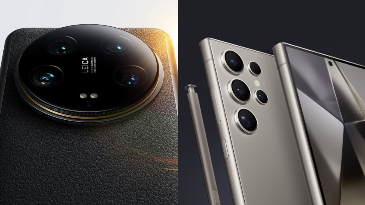 Xiaomi 14 Ultra ve Samsung Galaxy S24 Ultra telefonlarının yan yana karşılaştırılması. Görselde telefonların ön ve arka kameraları, ekranları ve tasarımları net bir şekilde görülüyor.